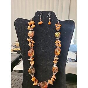 Stone Bead Necklace & Earrings Gold Bead Amber Colored China Beads Vintage
